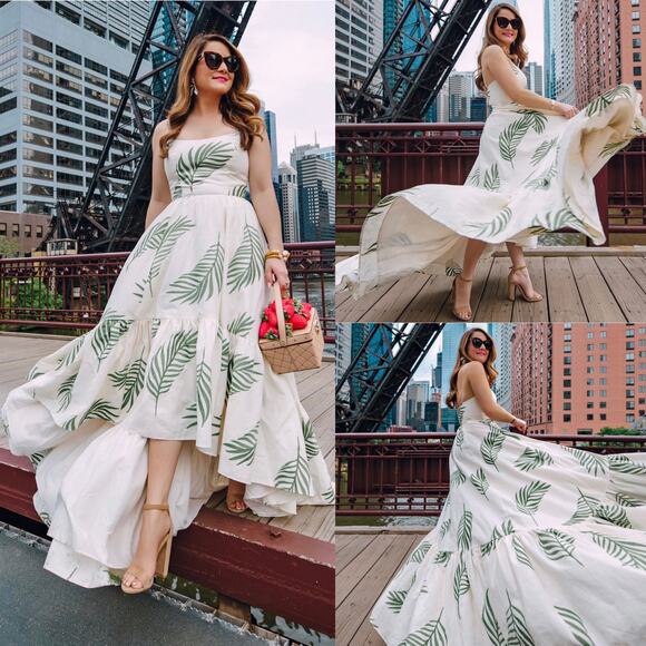 Mestiza Cleo Ballgown Cream Green Palm Leaf High Low Dress Linen Wedding Size 6 - Picture 1 of 16